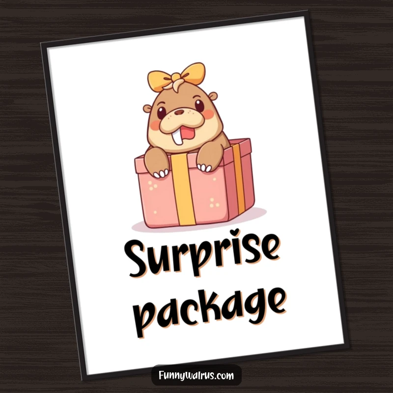 Funny surprise walrus digital art print of a walrus peeking out from a gift box, radiating comical surprise and playful energy.