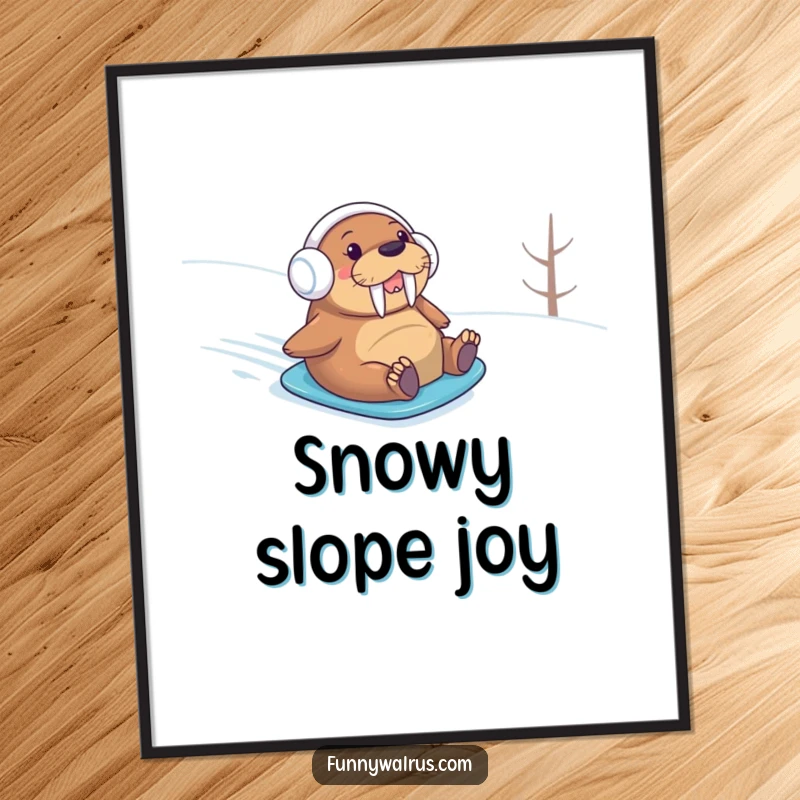 Funny walrus in earmuffs joyfully sliding on snow, as a digital art print, offering instant humorous winter decor.