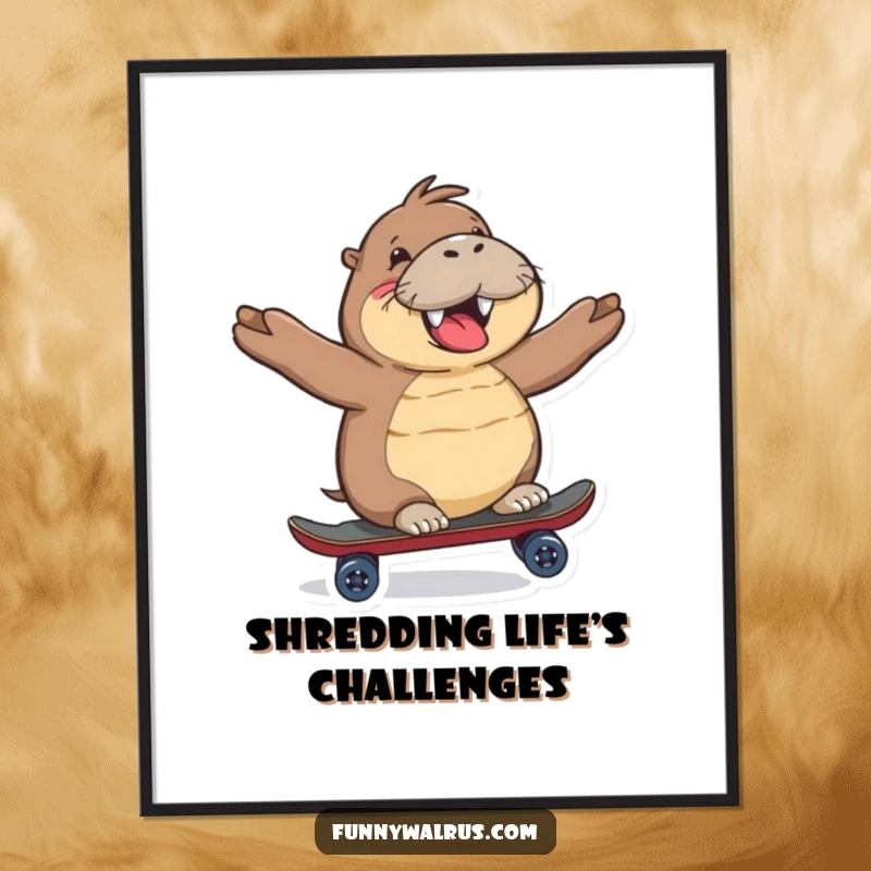 Funny Walrus Digital Art Print of a happy walrus character gleefully riding a miniature skateboard, perfect for cool decor.