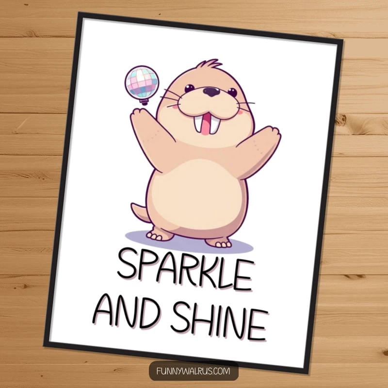 Funny disco walrus digital art print of a delighted walrus spinning a sparkling disco ball, radiating energetic celebration and fun.
