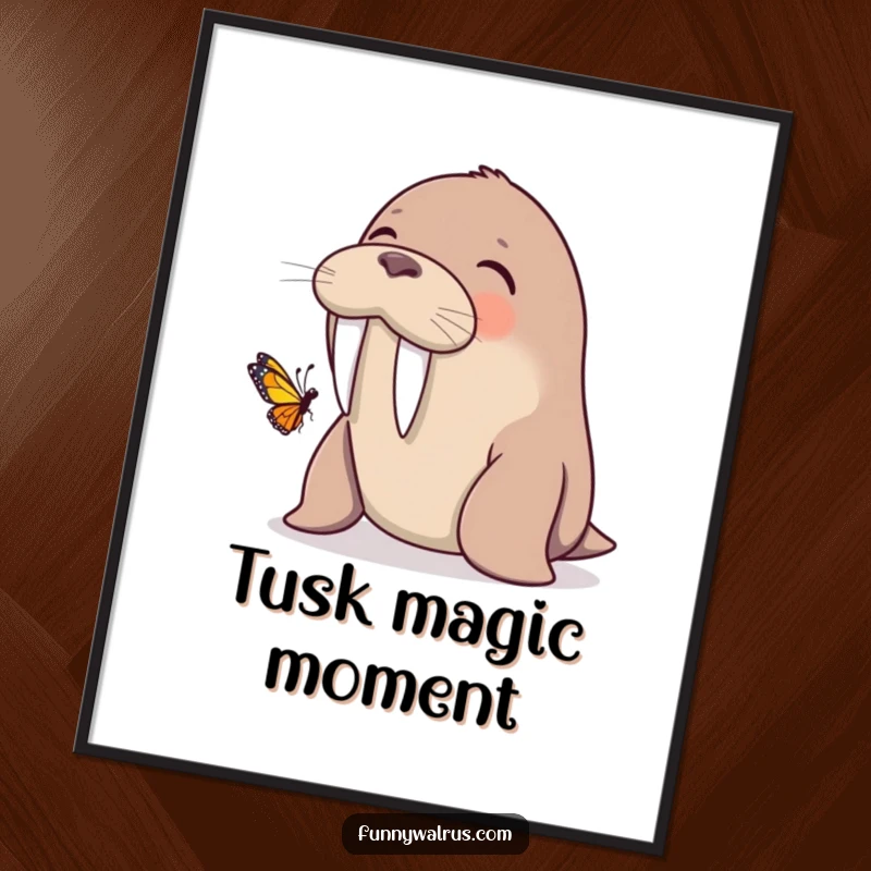 Funny walrus giggling as a butterfly lands on its tusk, as a digital art print, offering instant whimsical decor.
