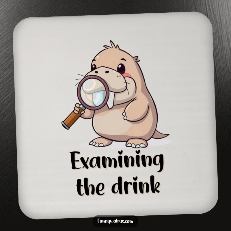 Funny curious walrus coaster featuring a walrus holding a magnifying glass, peering intently, adding intellectual humor to drink service.