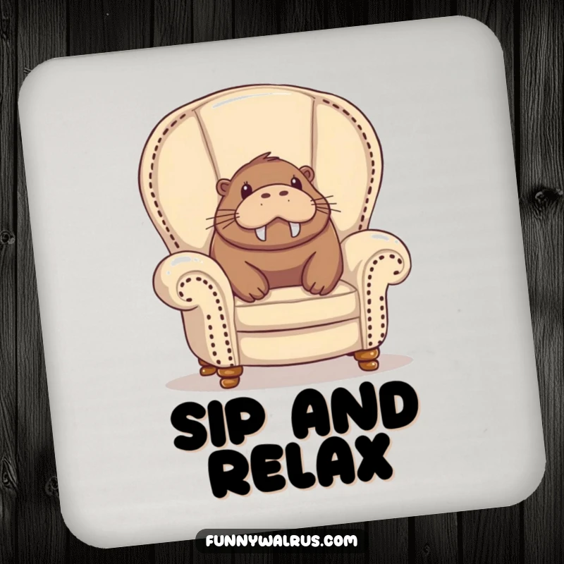 Funny walrus coaster, a walrus peeking out from an overstuffed armchair with a delighted expression, protecting surfaces.