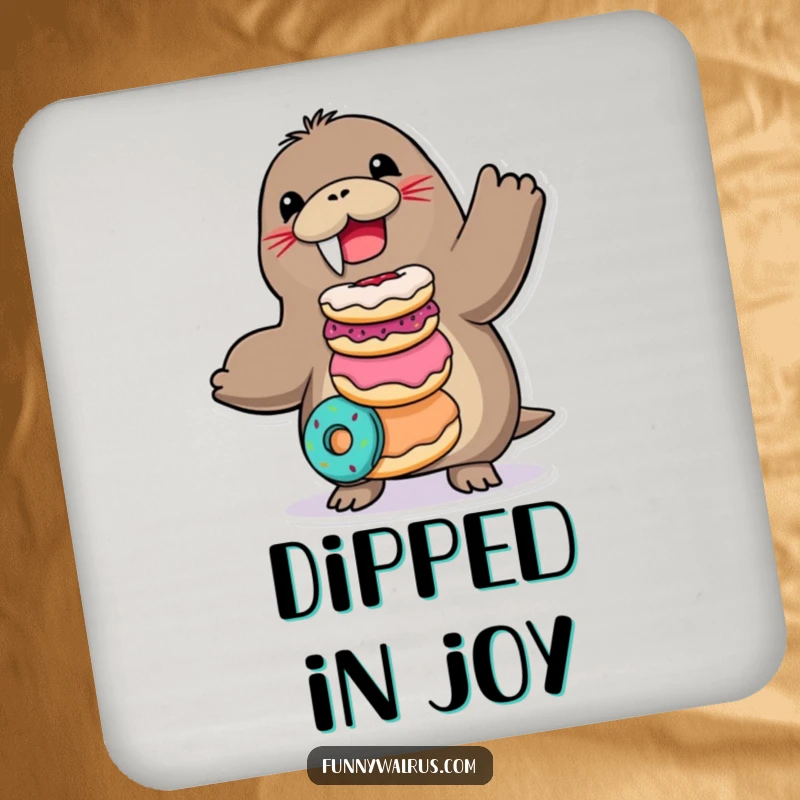 Funny Walrus Coaster with a joyful walrus balancing donuts, great for protecting surfaces.