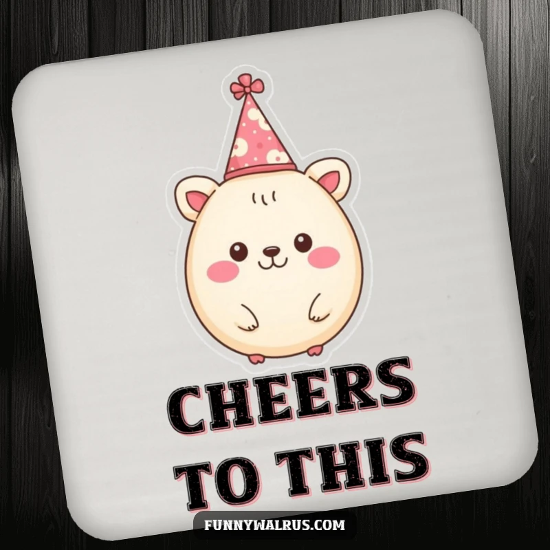 Funny coaster featuring a cheerful, round animal character wearing a small party hat, adding festive humor to any table.