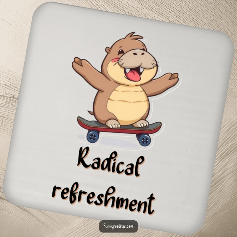 Funny Walrus Coaster with a happy walrus riding a miniature skateboard, great for protecting surfaces.