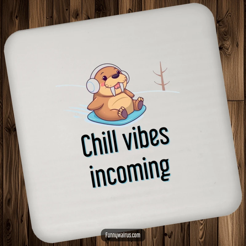 Funny walrus wearing earmuffs sliding on snow, on a drink coaster, adding humorous protection to surfaces.