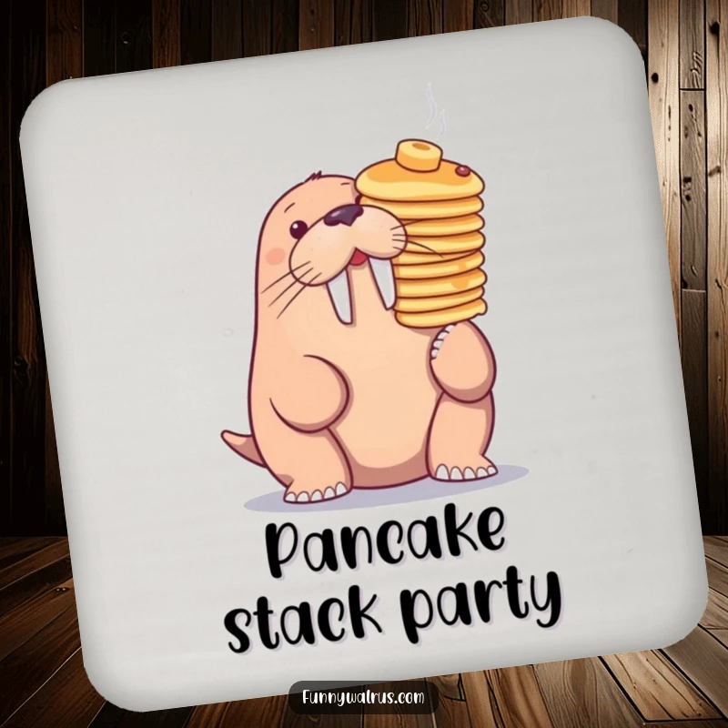 Funny walrus balancing pancakes on its nose, on a drink coaster, adding humorous protection to surfaces.