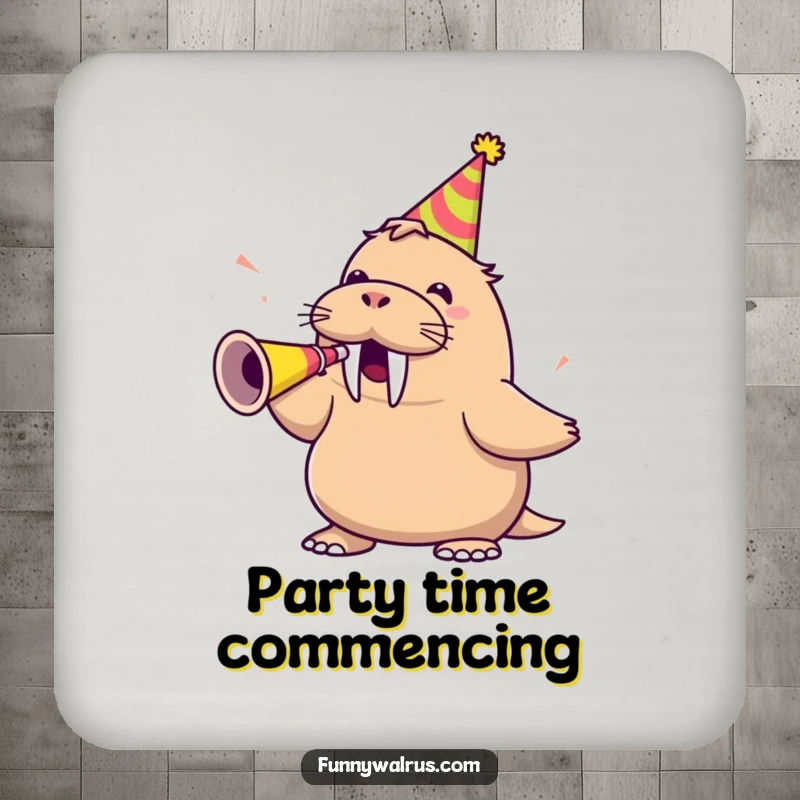 Funny walrus wearing a party hat and blowing a party horn, on a drink coaster, adding festive humorous protection.