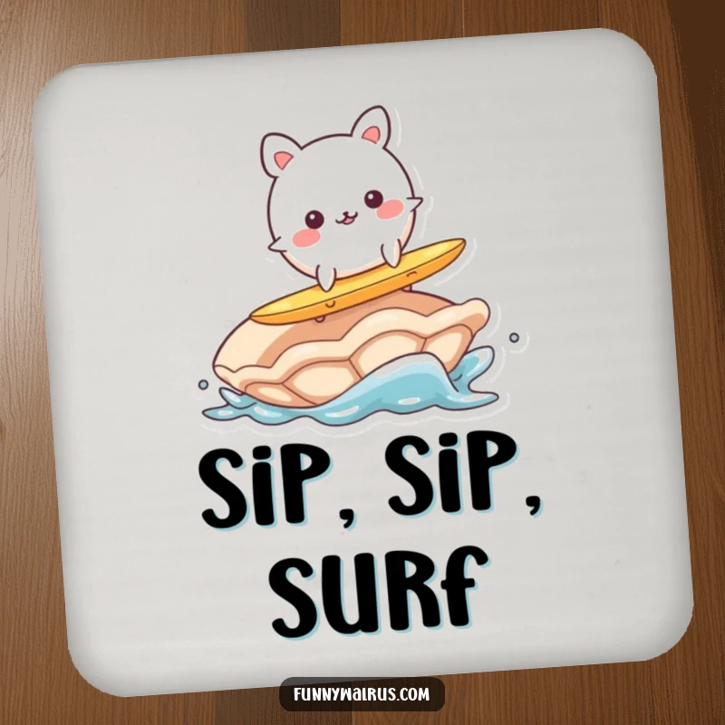 Funny coaster featuring a wobbly, round animal character surfing on a clam, adding humorous beach flair to drinks.