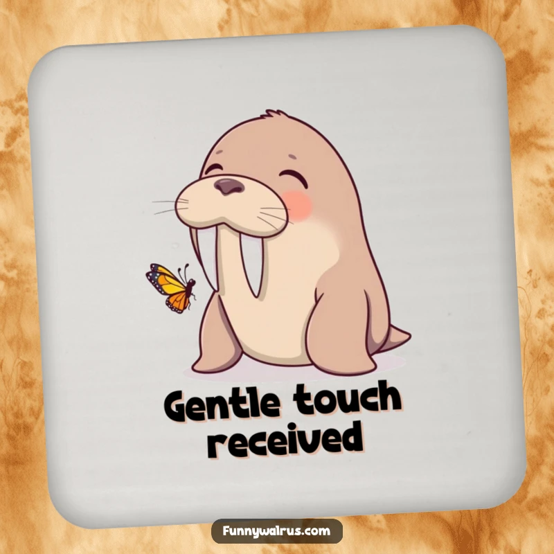 Funny walrus giggling with a butterfly on its tusk, on a drink coaster, adding gentle humorous protection.
