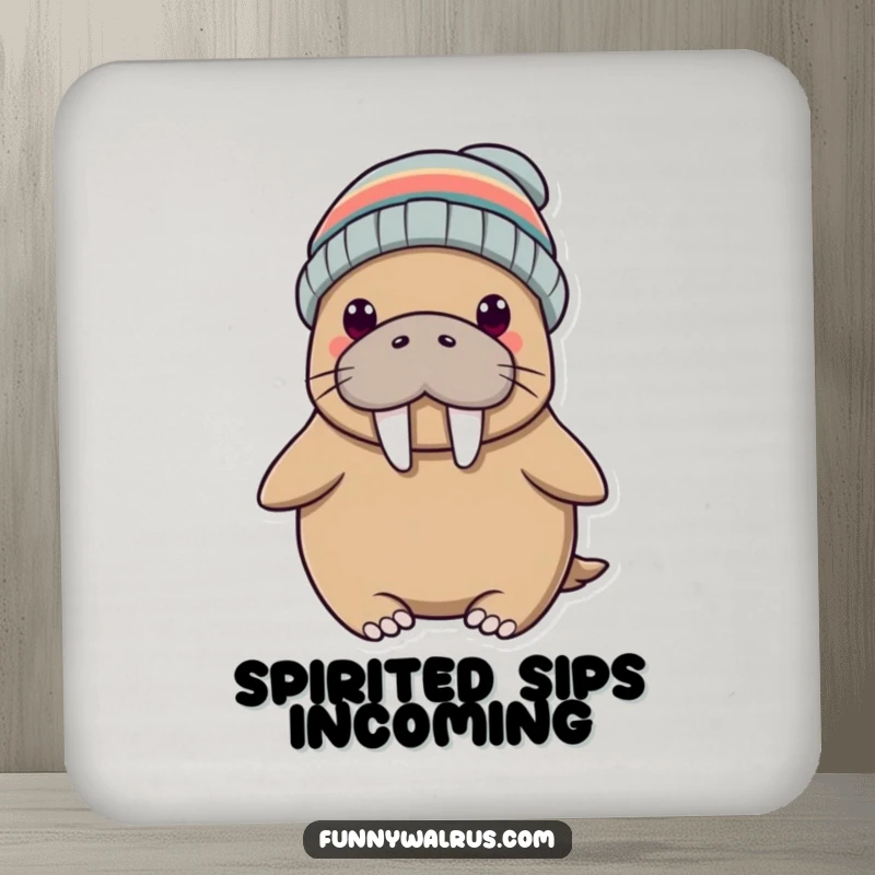 Funny drink coasters featuring a silly walrus wearing a propeller beanie, protecting surfaces with a smile. Humorous home accessory.