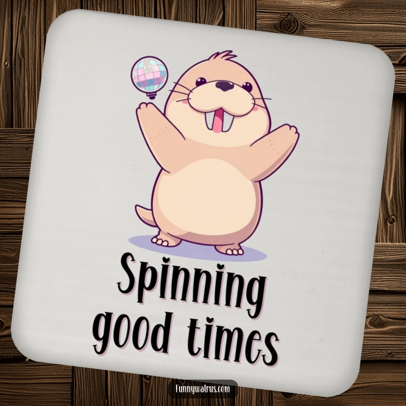 Funny disco walrus coaster featuring a delighted walrus spinning a sparkling disco ball, adding party flair and humor to drink service.