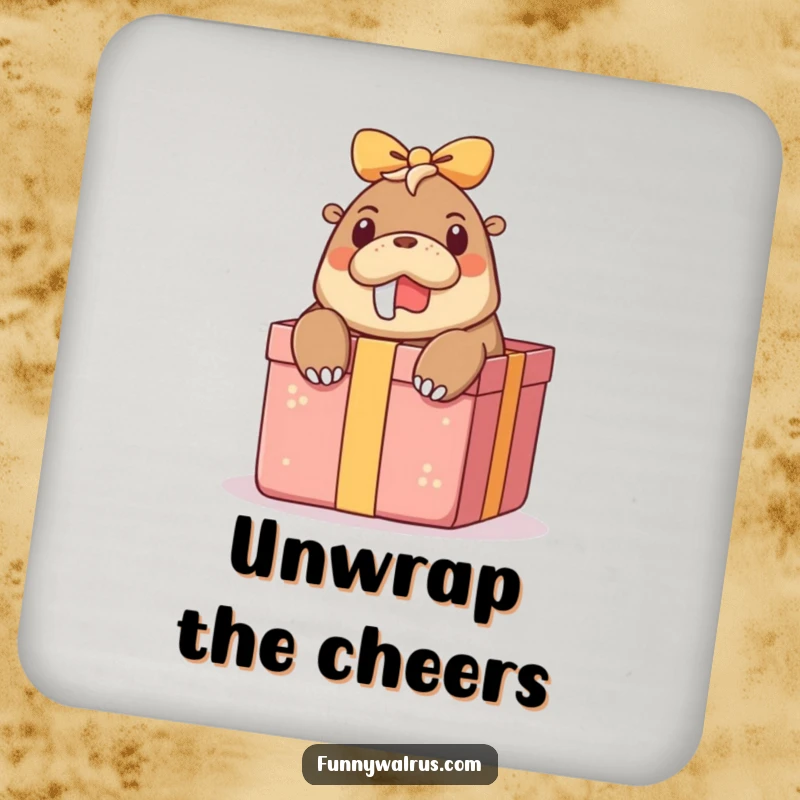 Funny surprise walrus coaster featuring a walrus peeking out of a gift box, adding comical surprise and humor to drink service.