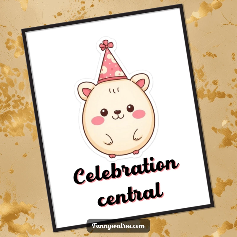 Funny poster print of a cheerful, round animal character wearing a small party hat, bringing festive vibes to your wall.