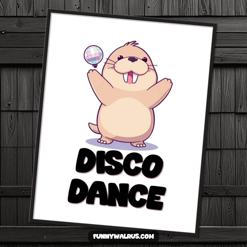 Funny disco walrus poster of a delighted walrus spinning a small, sparkling disco ball, radiating energetic celebration and fun.