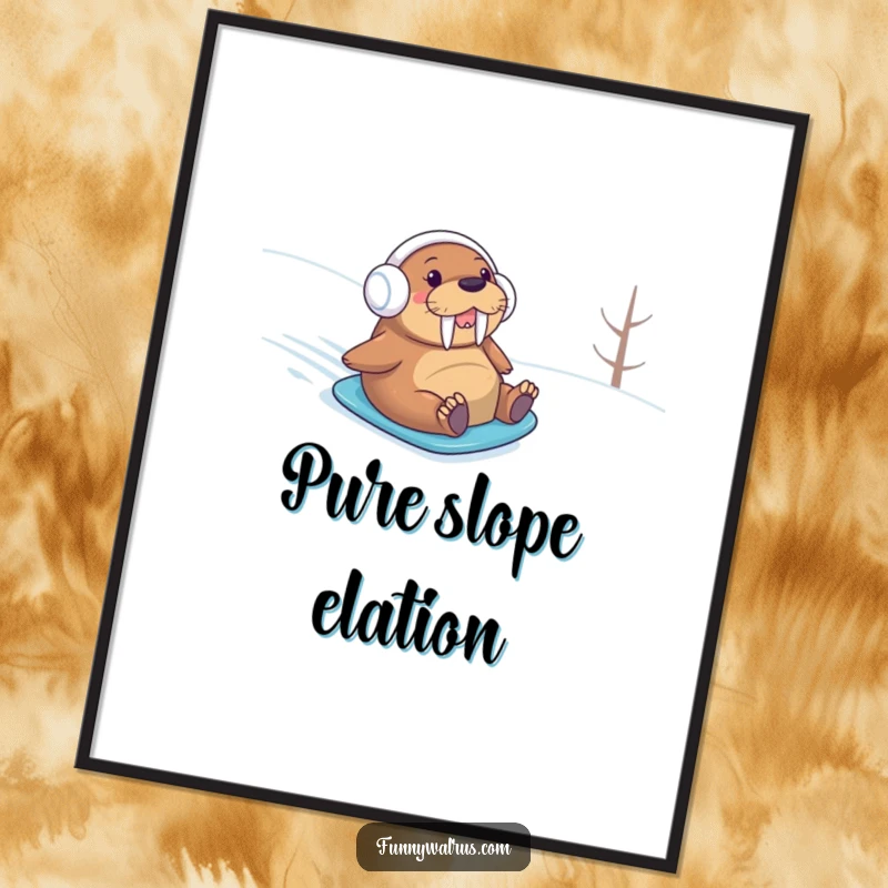 Funny walrus in earmuffs gleefully sliding down a snowy slope, captured on a vibrant poster for humorous wall decor.