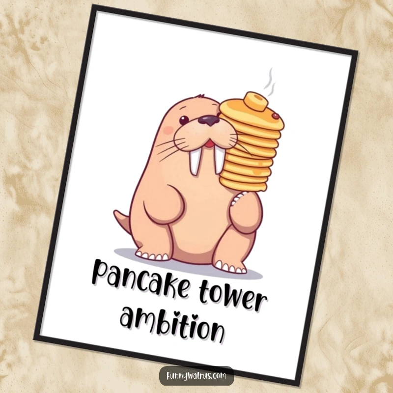 Funny walrus balancing a stack of pancakes on its nose, displayed as humorous wall art on a poster.