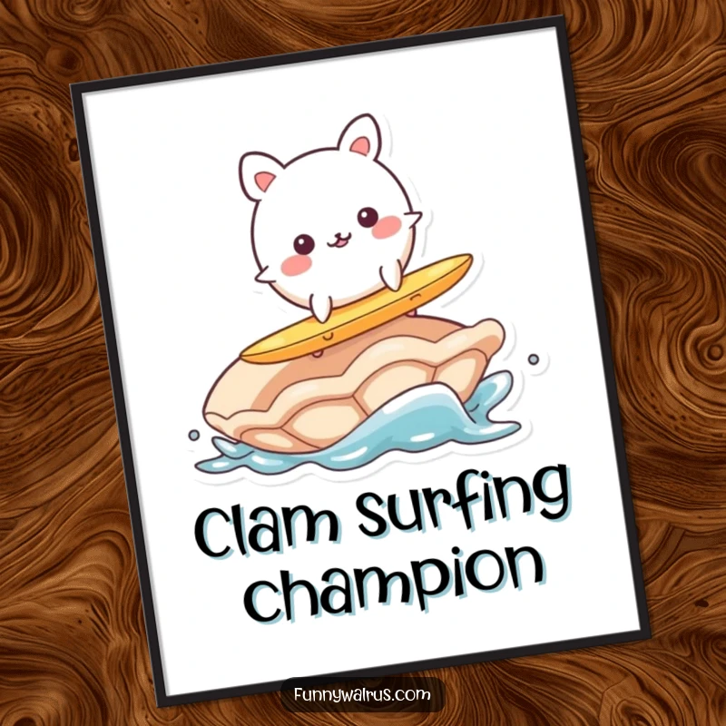 Funny poster print of a wobbly, round animal character attempting to surf on a large clam, capturing a humorous beach scene.