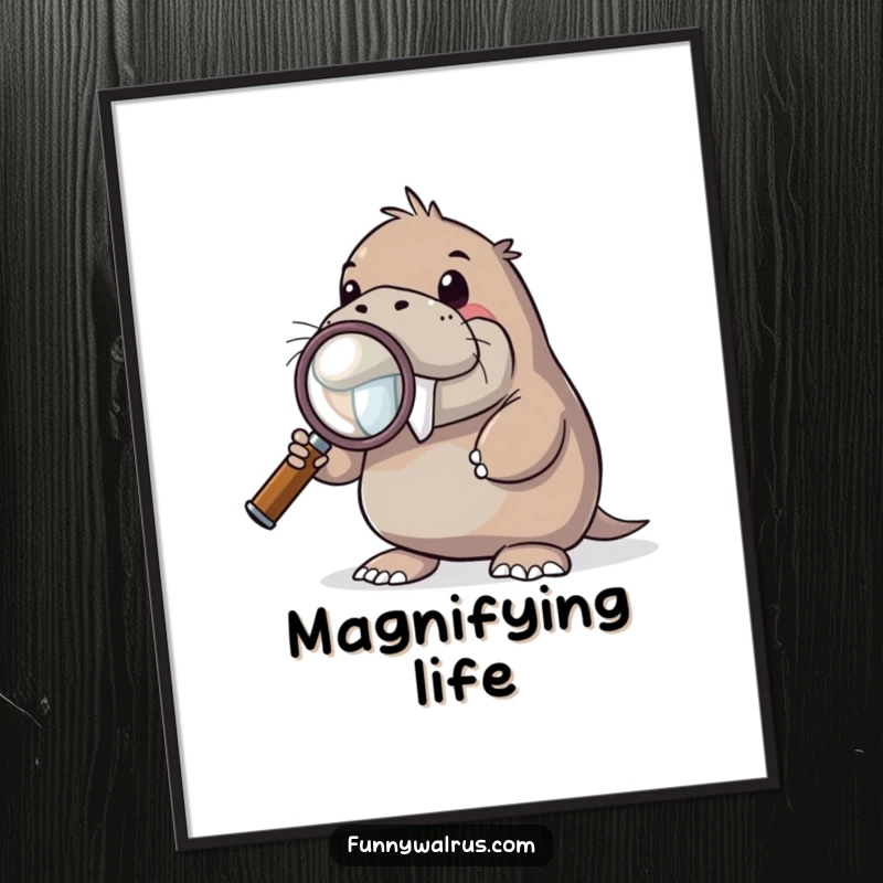 Funny curious walrus poster depicting a walrus character holding a giant magnifying glass, looking intently, symbolizing curiosity and humor.