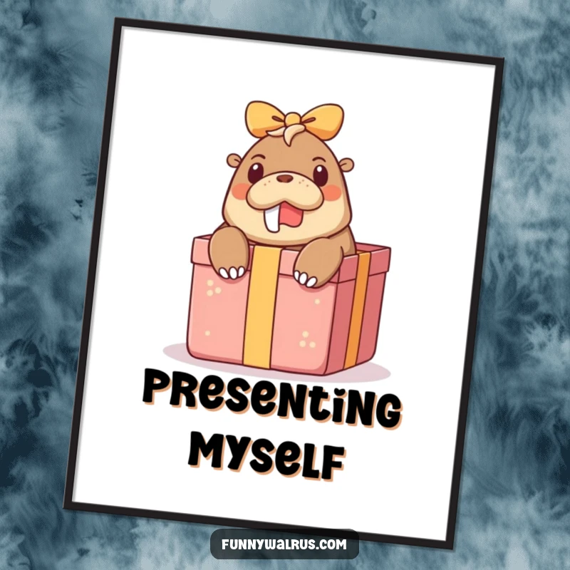 Funny surprise walrus poster depicting a walrus character peeking out from a large gift box, radiating comical shock and playful energy.