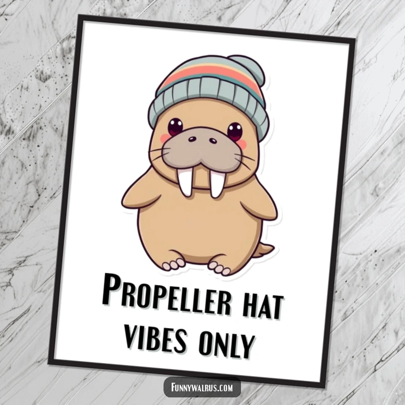 Funny poster of a silly walrus character wearing a propeller beanie, looking whimsical and ready for flight. Eye-catching wall art.