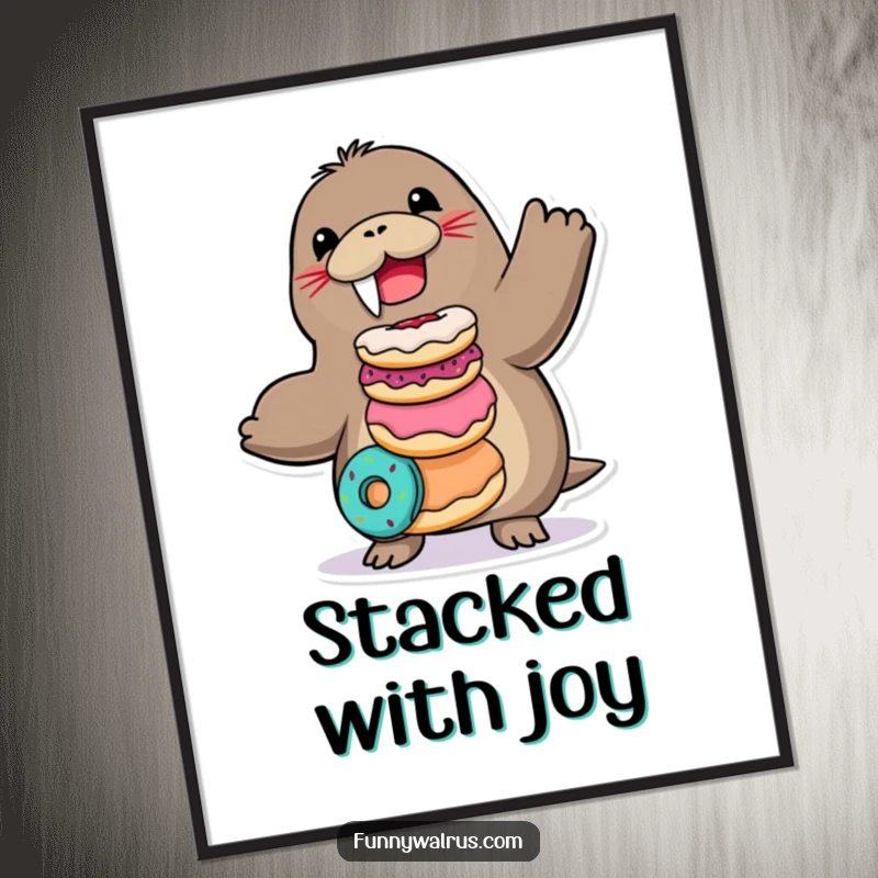 Funny Walrus Poster featuring a joyful walrus character balancing a stack of colorful donuts, whimsical wall art.