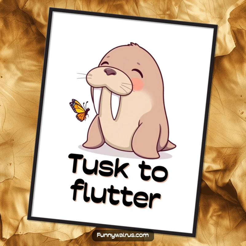 Funny walrus giggling as a butterfly lands on its tusk, captured on a poster, bringing gentle humor to wall decor.