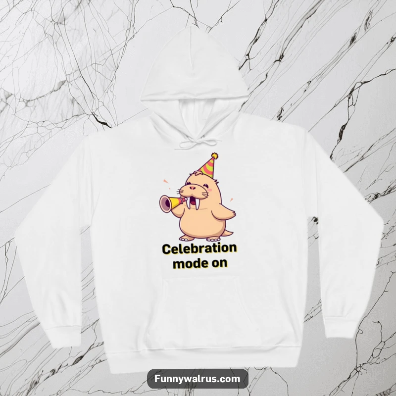 Funny walrus wearing a party hat and blowing a party horn, on a cozy hoodie, ideal for festive occasions.