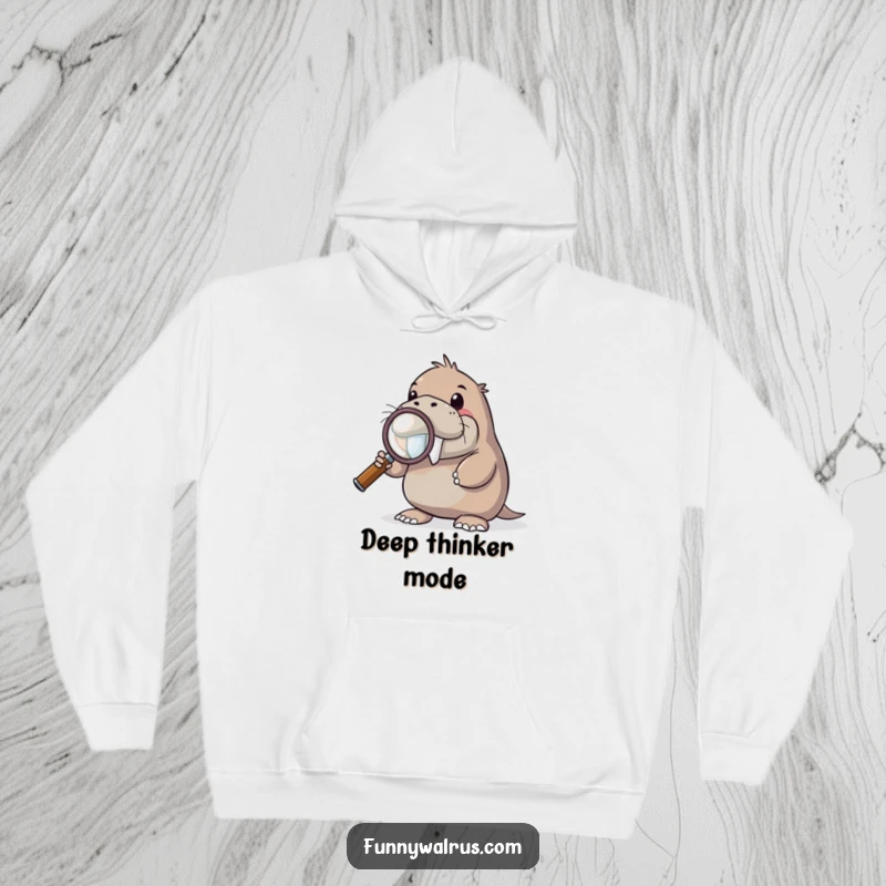Funny curious walrus hoodie featuring a walrus character holding a giant magnifying glass, looking intently, embodying intellectual humor.