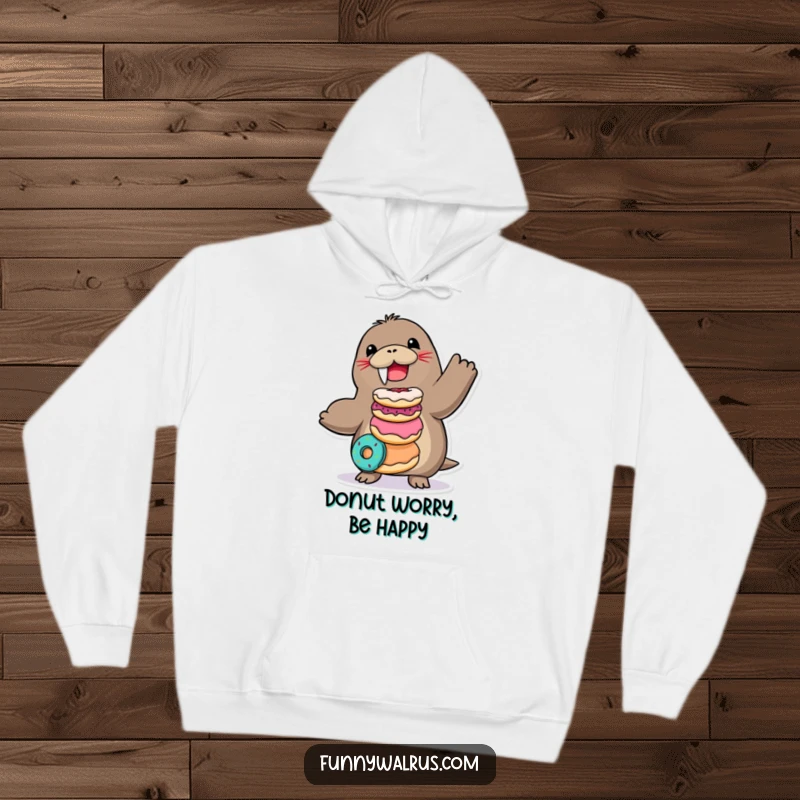 Funny Walrus Hoodie depicting a joyful walrus balancing a stack of donuts, offering cozy charm and sweet humor.