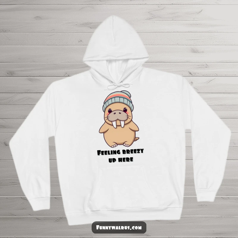 Funny hoodie showcasing a cheerful walrus with a propeller beanie, offering warmth and a hearty chuckle. A must-have for cold weather humor.
