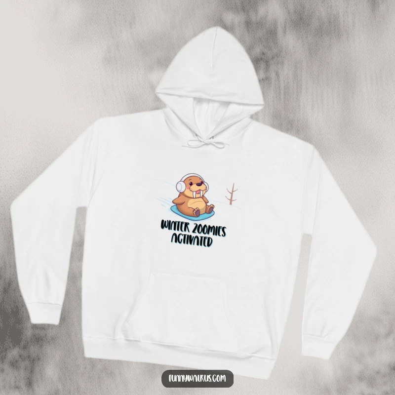 Funny walrus wearing earmuffs, joyfully sliding down a snow-covered slope on a cozy hoodie, perfect winter humor.