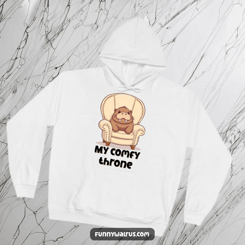 Funny walrus hoodie, a walrus emerging from a very overstuffed armchair, looking utterly delighted and content.
