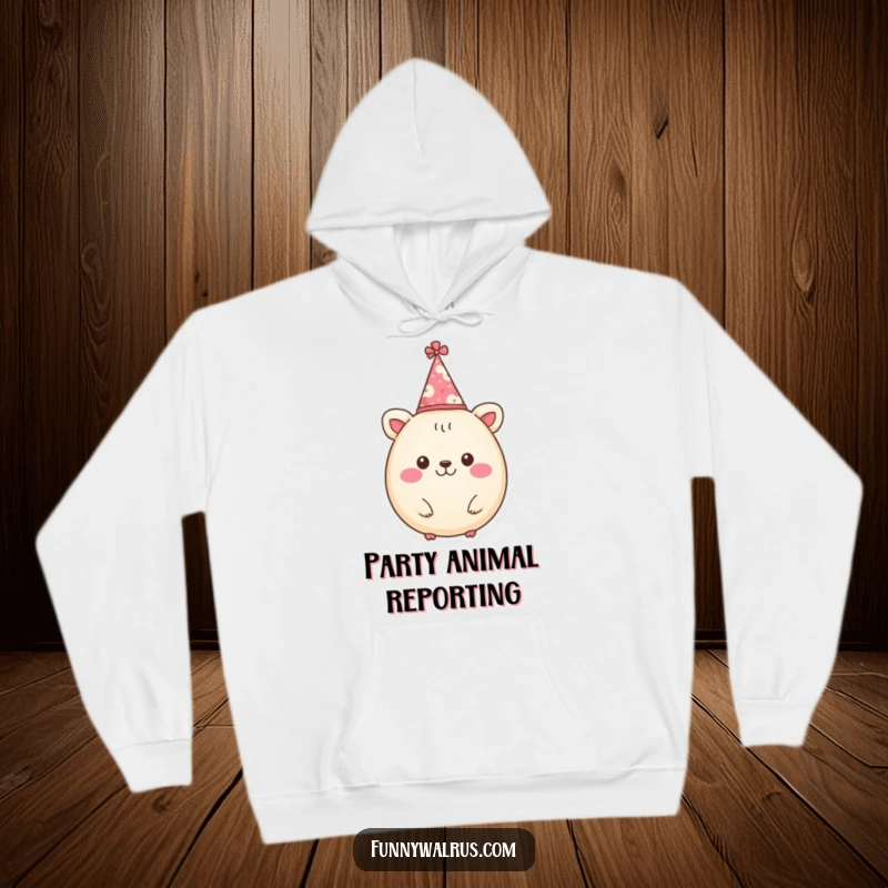 Funny hoodie print of a cheerful, round animal character wearing a small party hat, looking ready for any celebration.