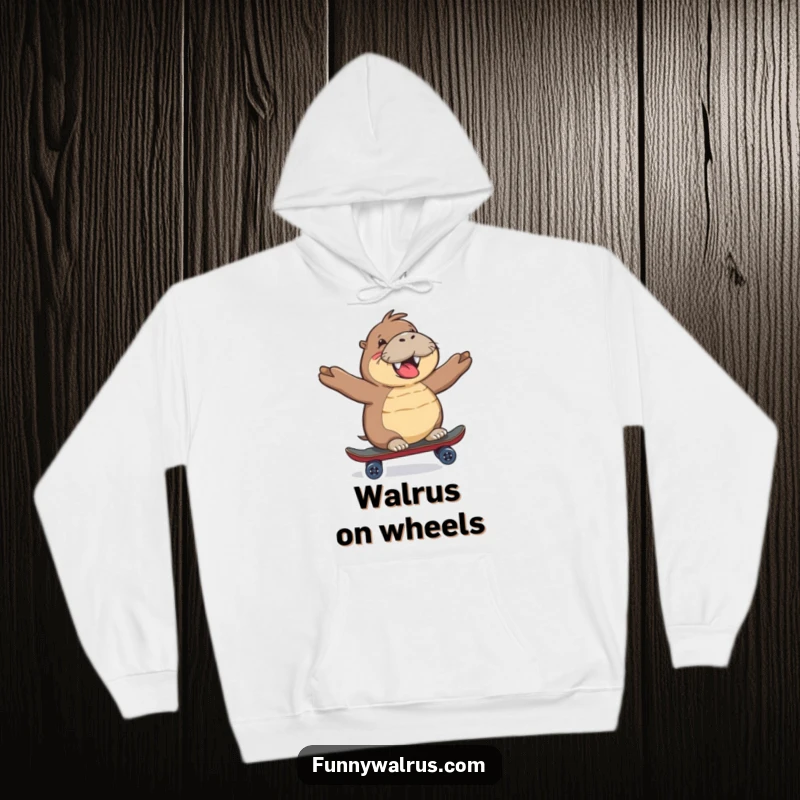 Funny Walrus Hoodie depicting a happy walrus gleefully riding a miniature skateboard, offering cozy and cool charm.