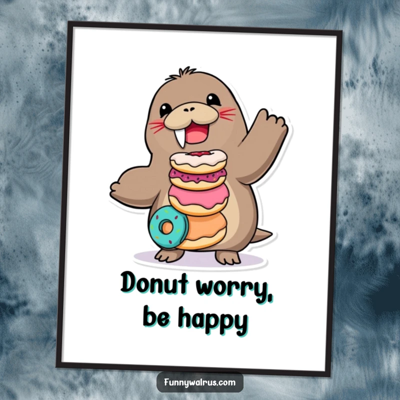 Funny Free Printable Wall Art: A joyful walrus character attempting to balance a precarious, colorful stack of donuts with a determined expression.