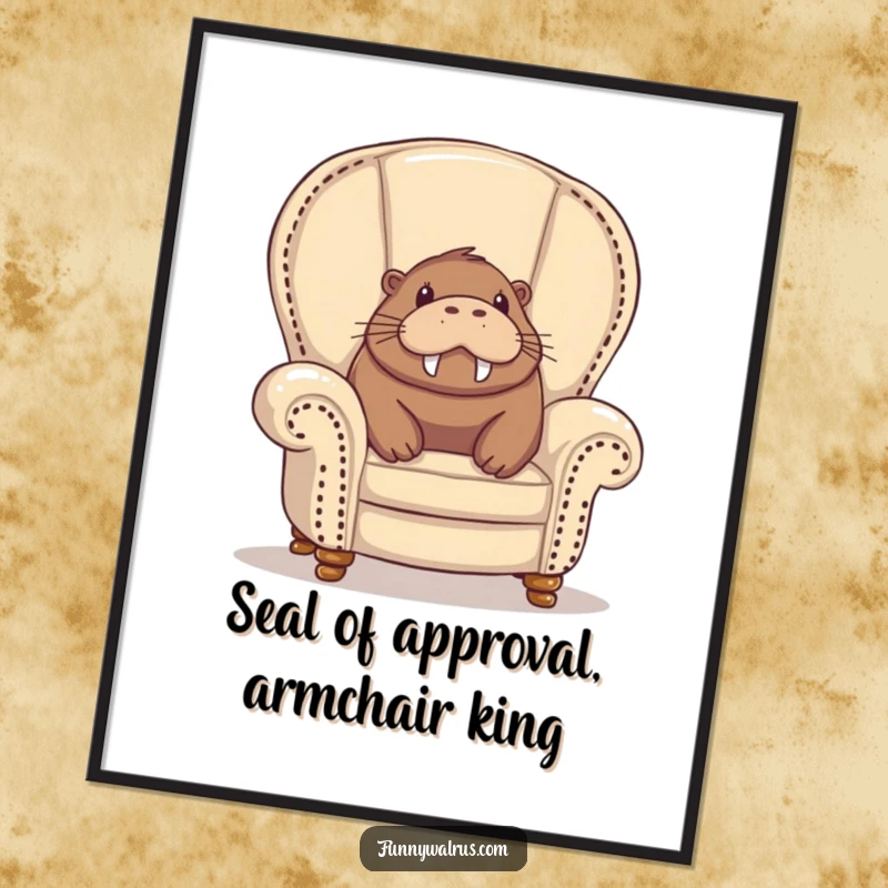 Funny Free Printable Wall Art: A happy walrus peeks out from a large, overstuffed armchair, looking utterly delighted.