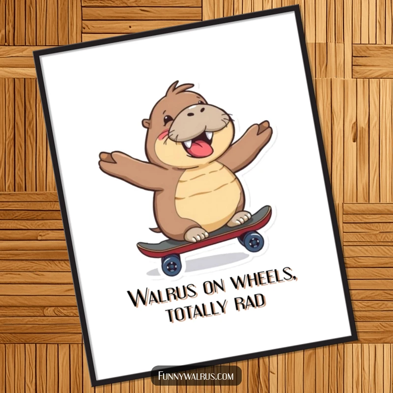 Funny Free Printable Wall Art: A happy walrus character gleefully riding a tiny skateboard, mid-air with a cool, confident expression.