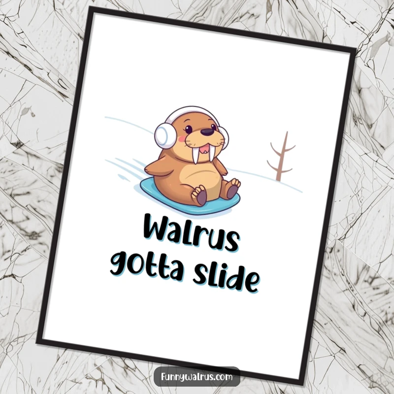 Funny Free Printable Wall Art: A walrus wearing earmuffs gleefully slides down a snowy slope.