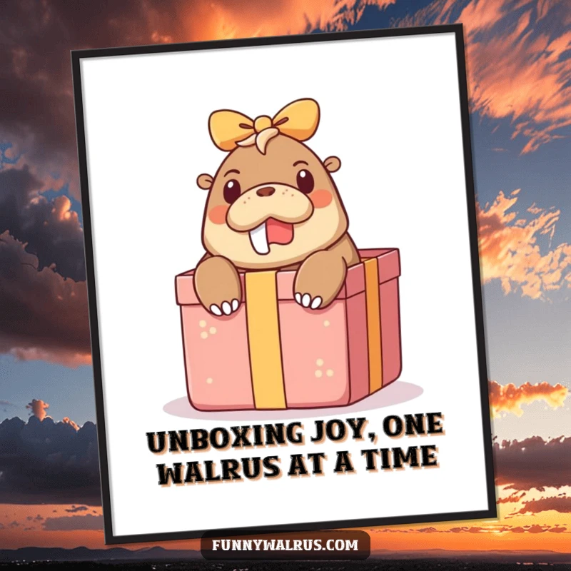 Funny Free Printable Wall Art: A walrus with a surprised expression peeks out from a large, festive gift box.