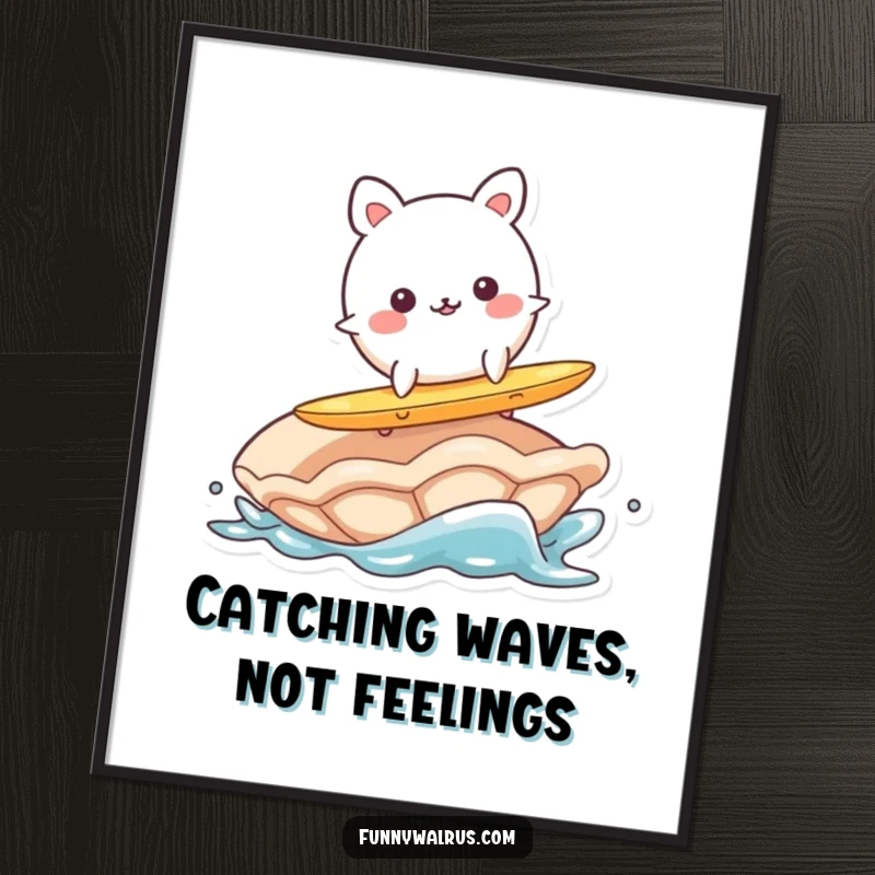 Funny Free Printable Wall Art: A wobbly, round animal character attempting to surf on a large clam with a comical expression.