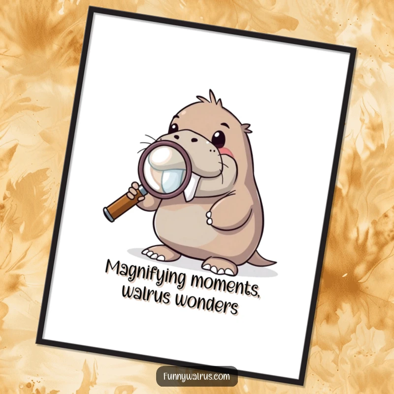 Funny Free Printable Wall Art: A curious walrus holds a large magnifying glass, examining the world with intrigue.