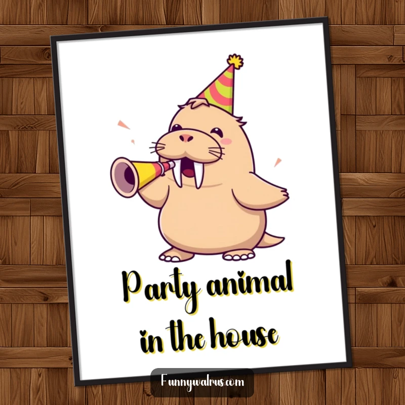 Funny Free Printable Wall Art: A walrus wearing a party hat loudly blows a party horn with enthusiasm.