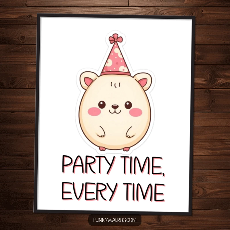 Funny Free Printable Wall Art: A cheerful, round animal character wearing a tiny party hat, radiating happiness.