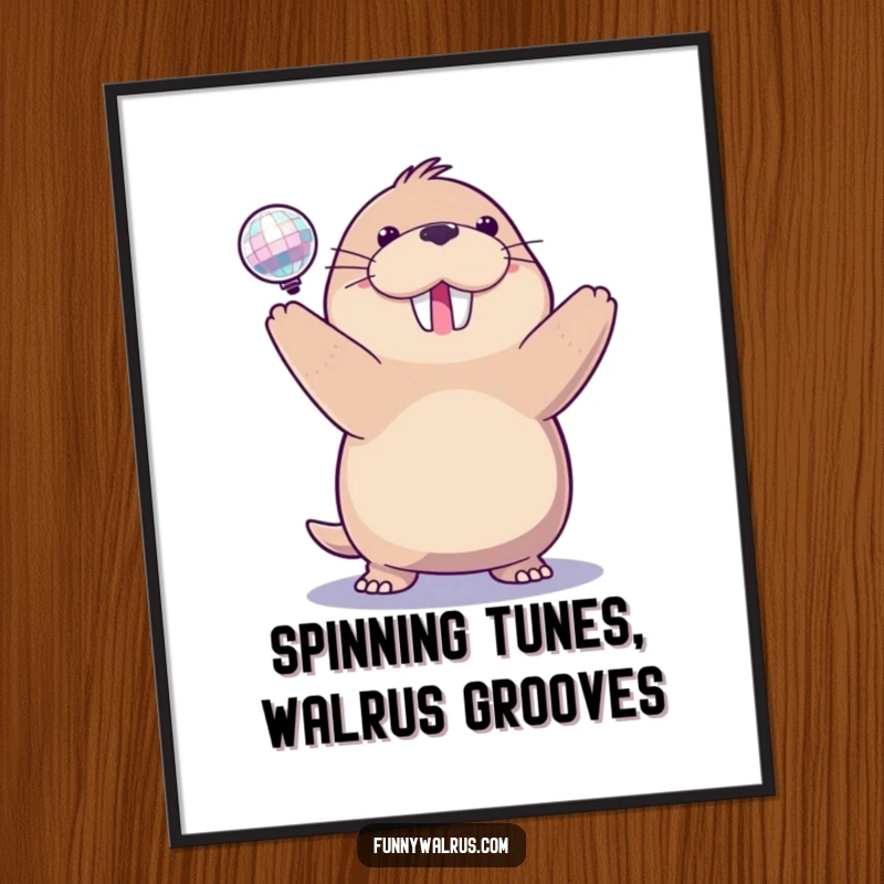 Funny Free Printable Wall Art: A delighted walrus spins a sparkling disco ball, radiating party vibes.