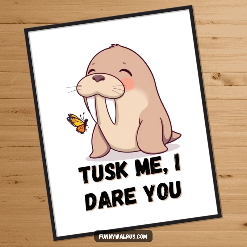 Funny Free Printable Wall Art: A walrus laughing joyfully as a tiny butterfly lands on its tusk.
