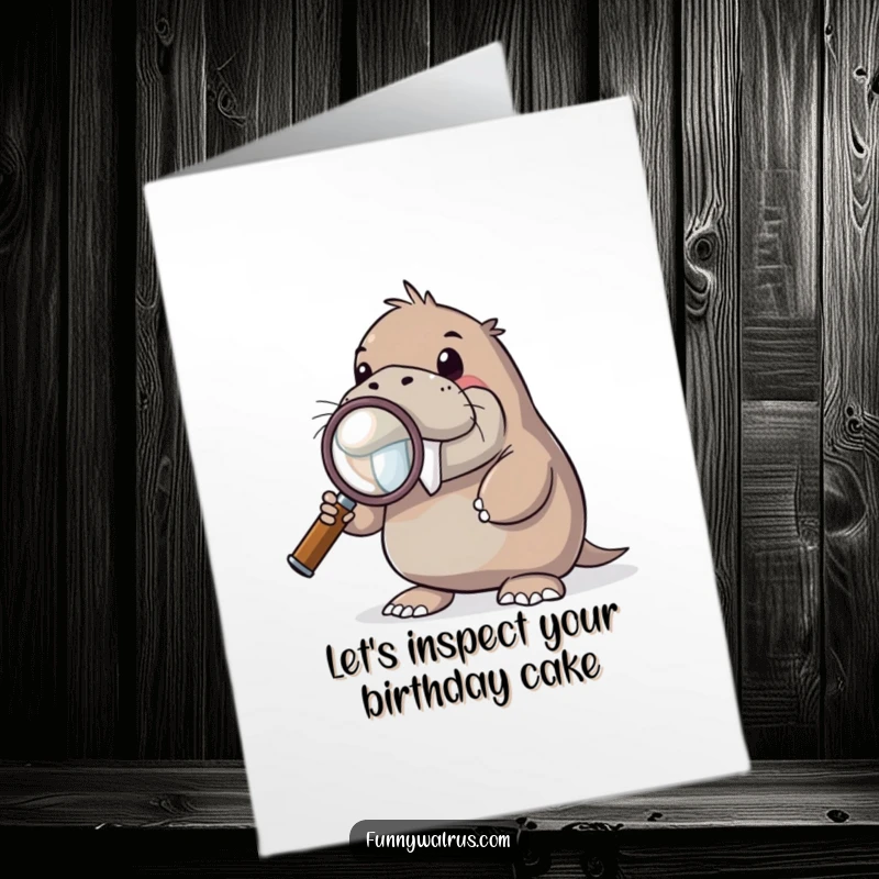 Funny Free Printable Birthday Card: A curious walrus peers through a giant magnifying glass, examining birthday fun.