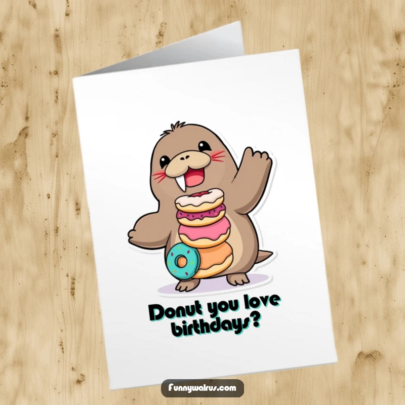 Funny Free Printable Birthday Card: A happy walrus precariously balancing a tall stack of colorful, sprinkled donuts on its tusks.