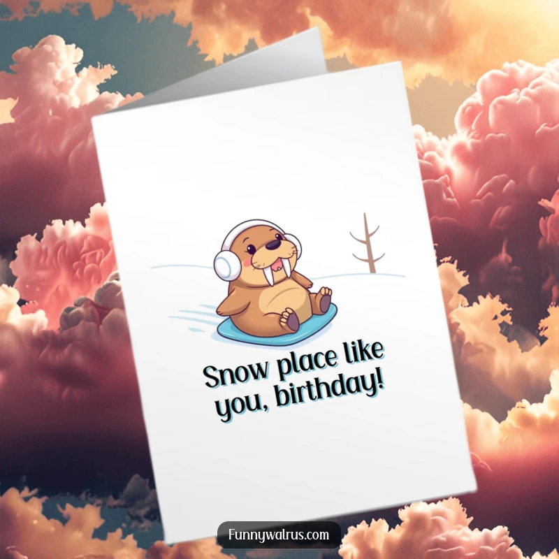 Funny Free Printable Birthday Card: Walrus in earmuffs joyfully snowboarding down a snowy hill.